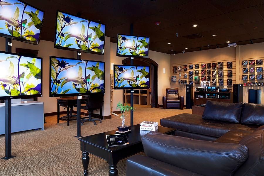 Mountain MVS showroom with televisions and leather seating